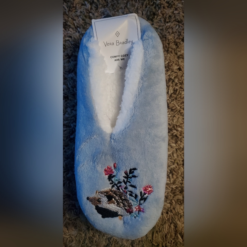 NWT Vera Bradley Blue Fuzzy Slippers with Floral & Hedgehog Embroidery